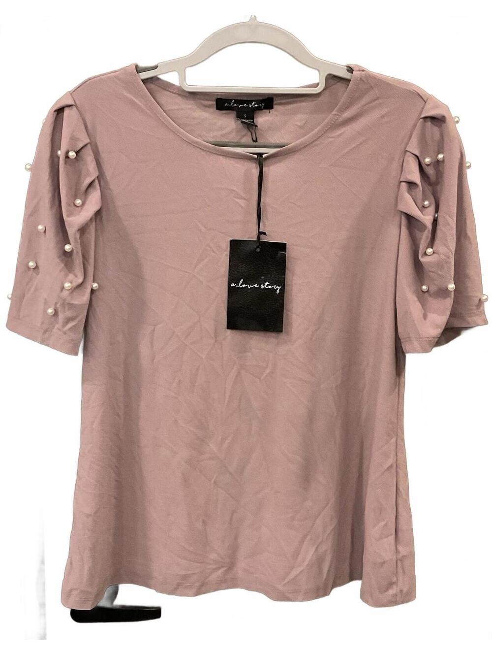 NWT A  Love Story Womens Short Sleeve W/beads Round Neck Purple Blouse Size S